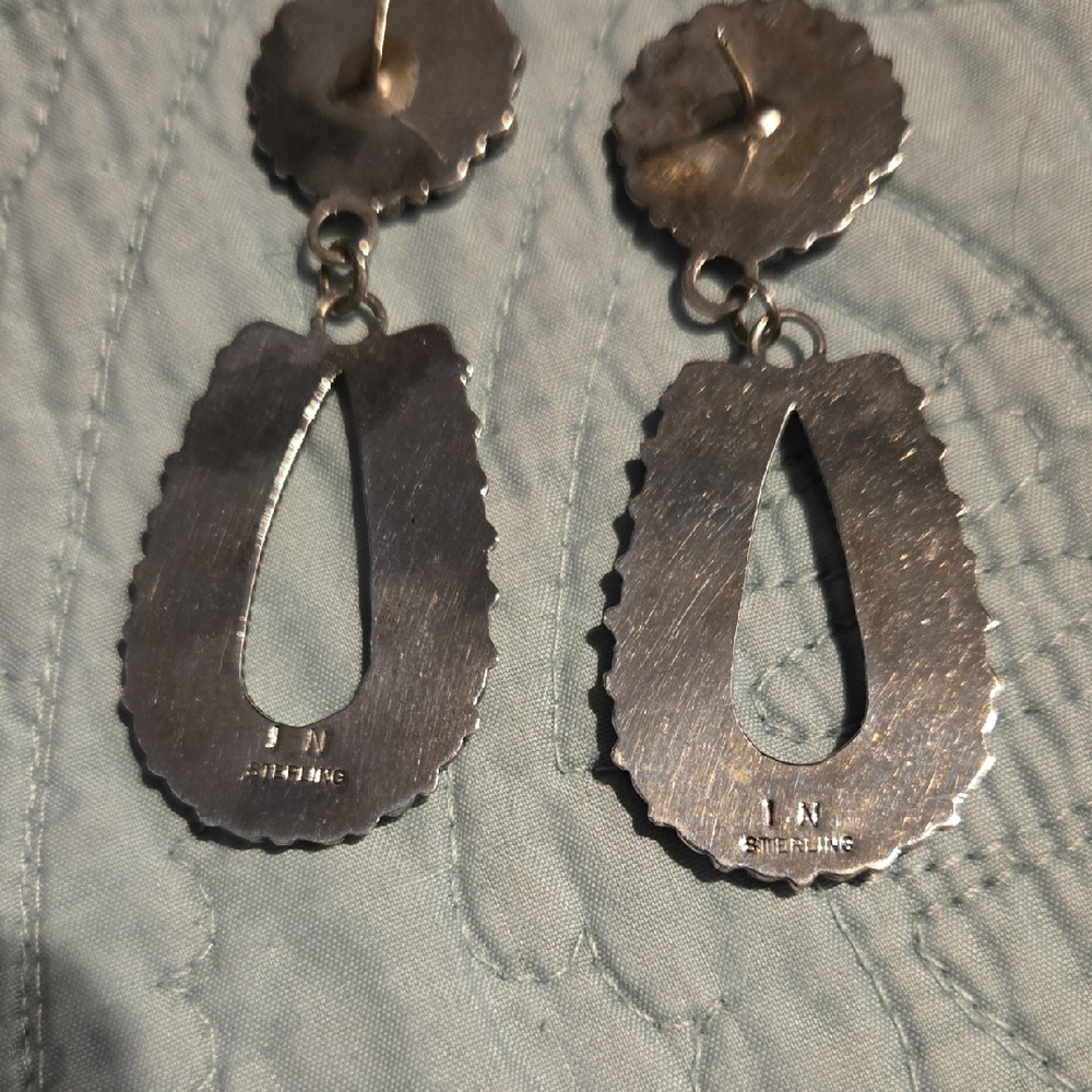 Authentic Native Made Turquoise Silver Floral Dro… - image 2